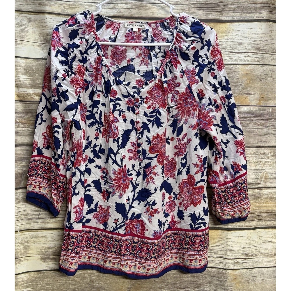 Artisan NY Women's Large Colorful Floral Print 3/4 Sleeve V Neck Pullover Top